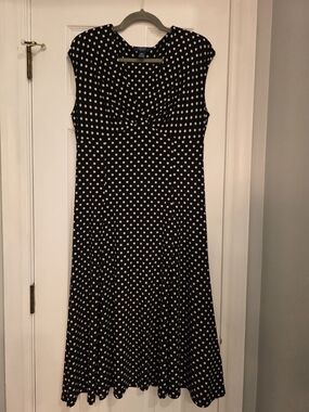 Chaps Black Polka Dot Sleeveless Midi Dress, Size L, NWOT